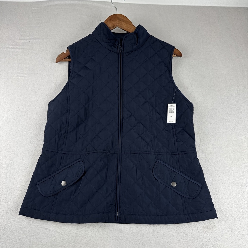 New! Talbots Womens Quilted Full Zip Navy Vest Medium Preppy Casual Pockets